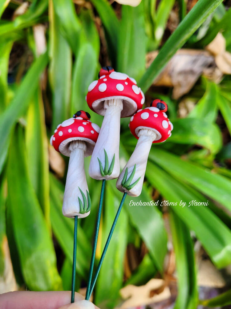 Traditional red Fairy garden Mushrooms with Ladybirds set of 3