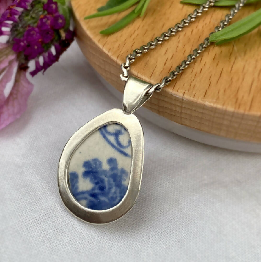 Sterling Silver Scottish Sea Pottery Pendant - Blue Stems - Reversible2