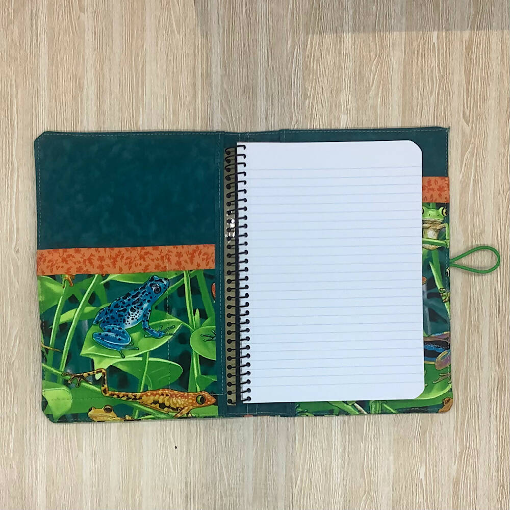 Colourful frogs refillable A5 fabric notebook cover gift set - Incl. book and pen.
