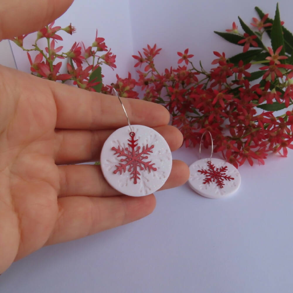 Christmas Snowflake Earrings White Glitter and Red