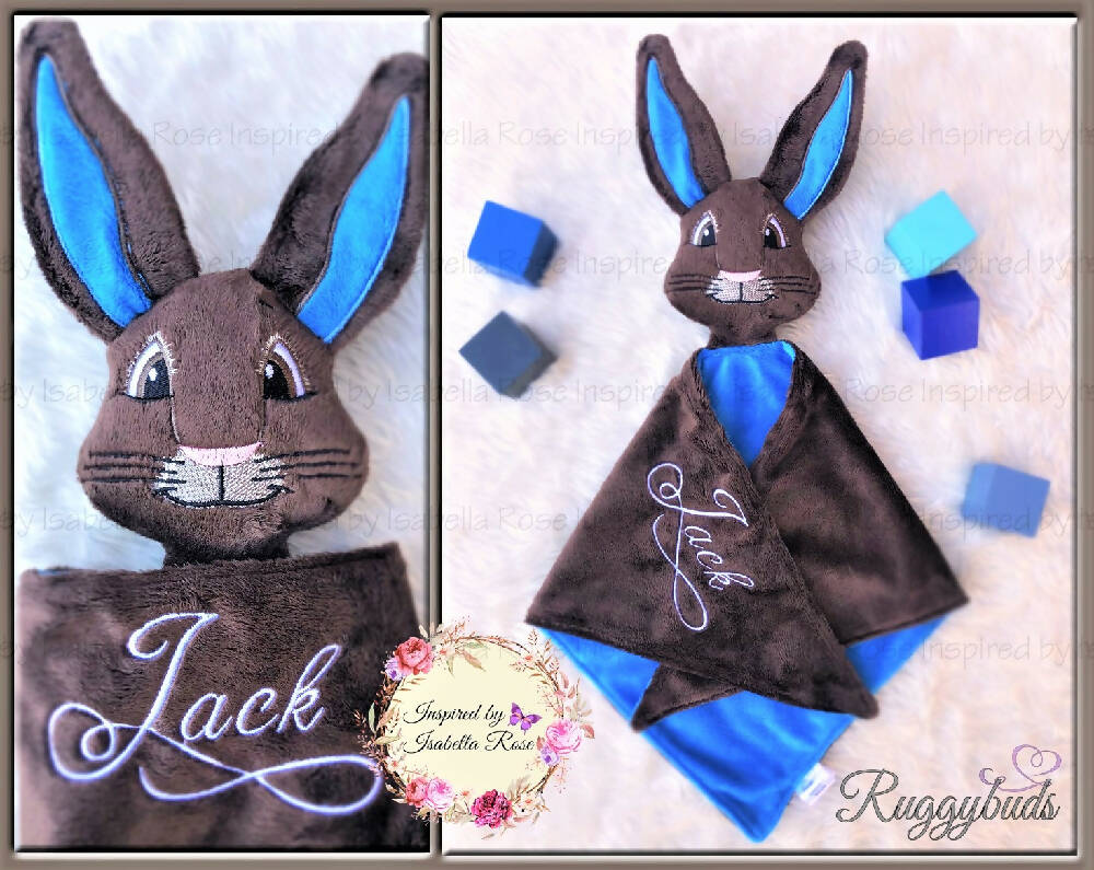 Baby comforter, Embroidered name, PeterRabbit themed Ruggybud, Made to order