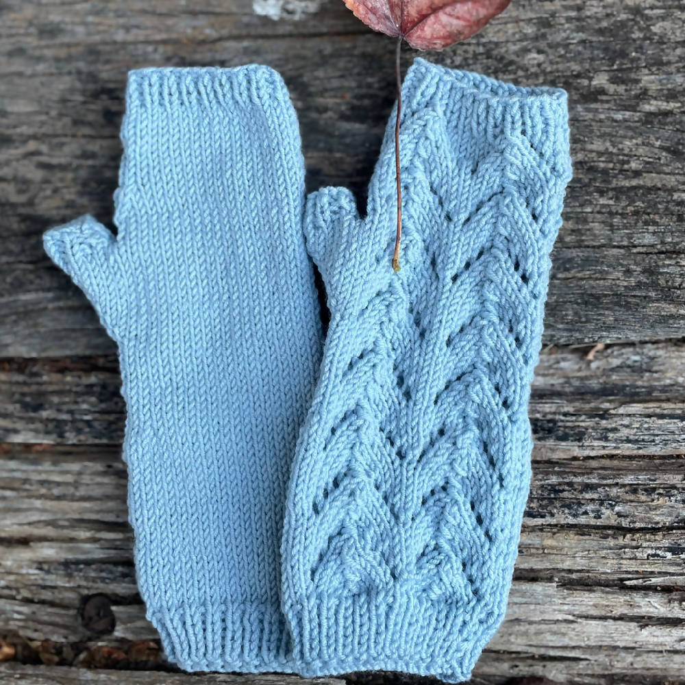 Blue Fingerless Merino Gloves, handmade