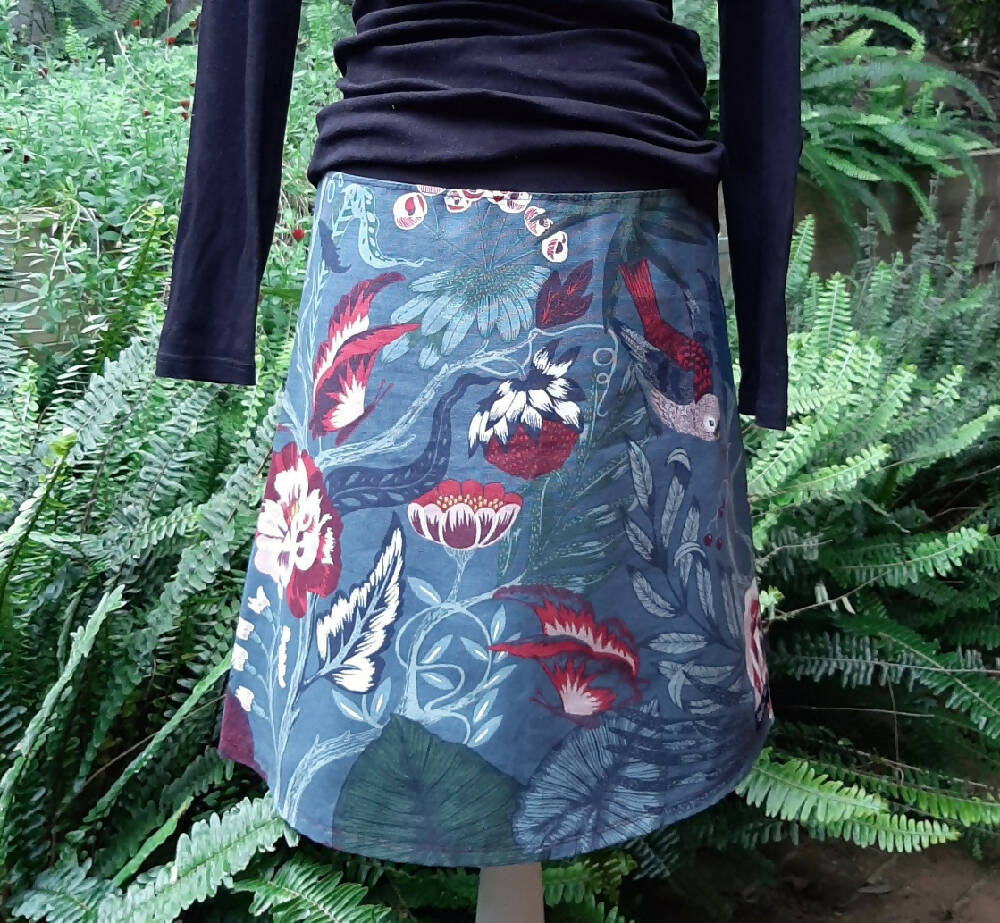 Blue and burgundy skirt with birds and butterflies