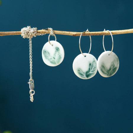 Porcelain earrings and necklace; Leaf design, 925 sterling silver