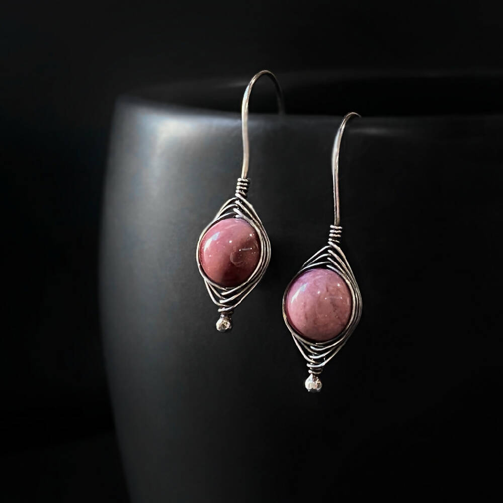 Earrings Sterling Silver Herringbone Weave Wire Mookaite Pink D
