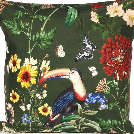 Green floral cushion cover-toucan print