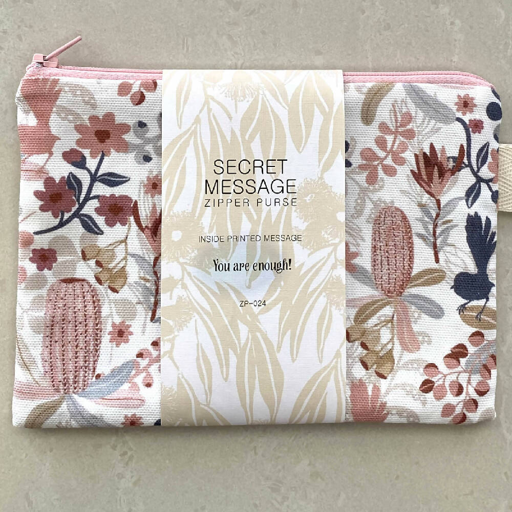 Zipper Purse - Australian Banksias pattern print with secret message inside #24