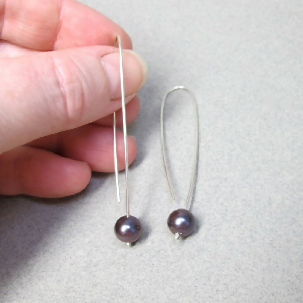 Black fresh water pearls long sterling silver earrings 3