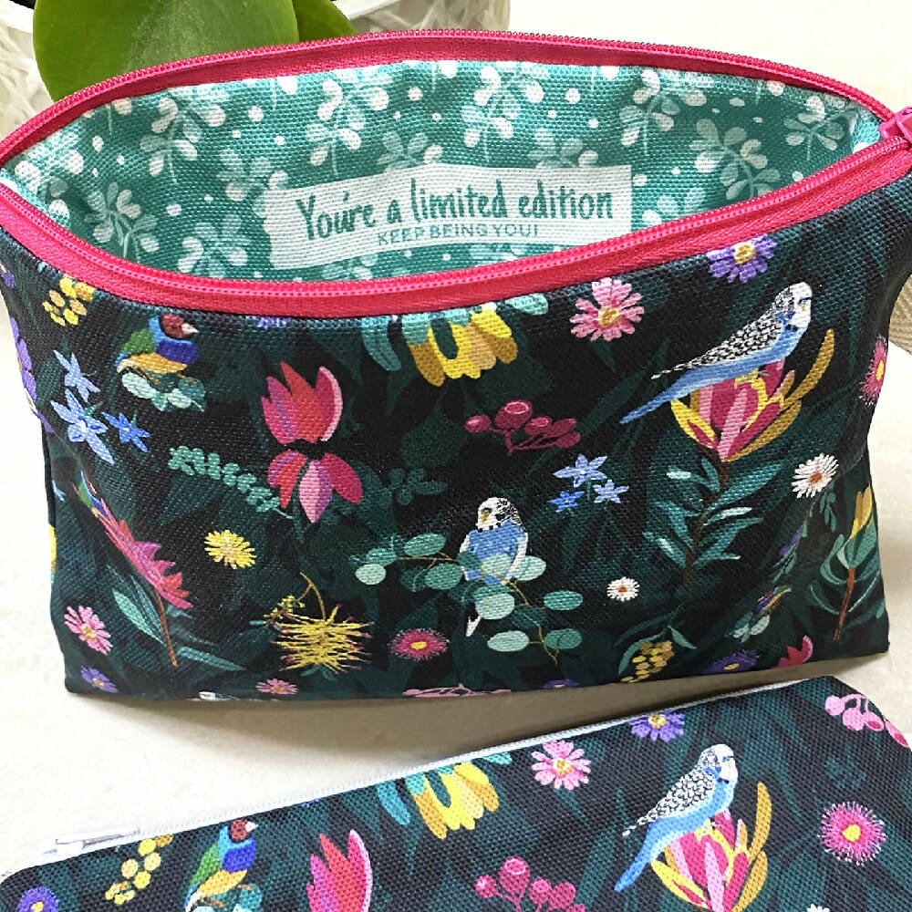 Zipper Purse - Australian Floral with budgies with a Secret Message inside #36