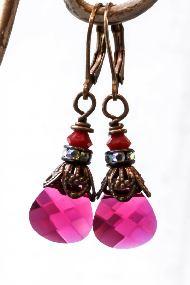 Swarovski Crystal & Brass Drop Earrings Ruby Briolette