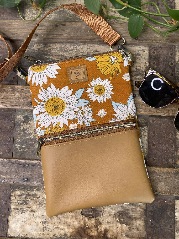 Mini Crossbody Bag - Sunflowers on Mustard/Tan Faux Leather