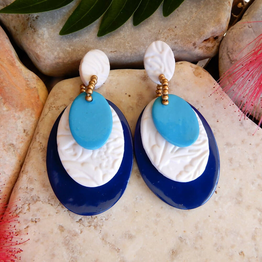 Blue & White Polymer Clay Earrings "Odette Blue"