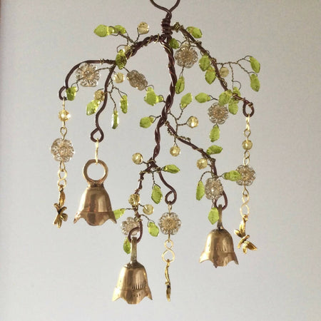 Brass Bells, Dragonflies Windchimes Wire Wrapped Glass Beads Outdoor Hanger