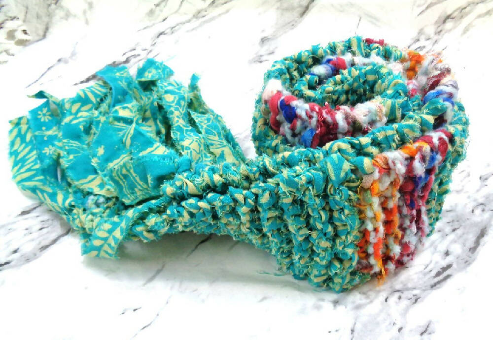 Fabric and Wool Scarf - Knitted - Boho Style - Ladies