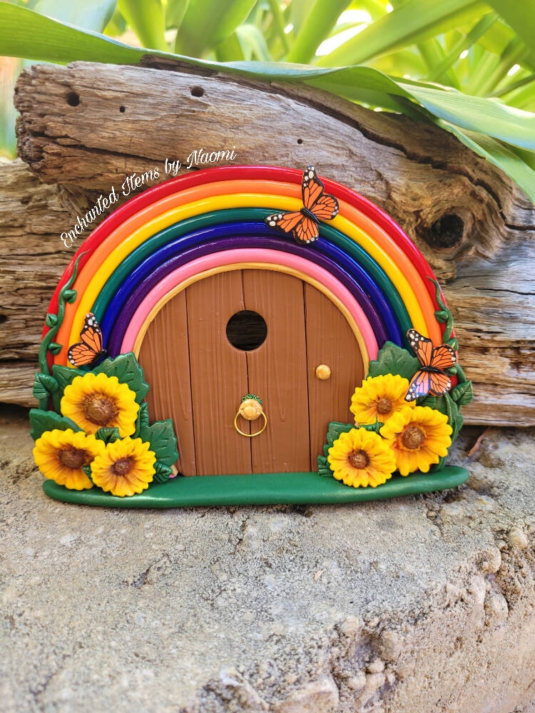 Sunflowers and Rainbow Fairy door with butterflies