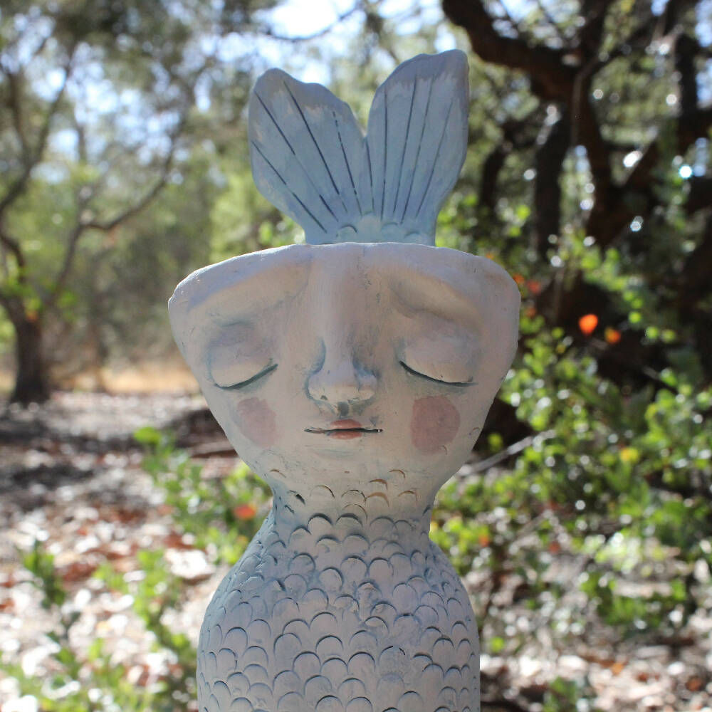 clay sleepy mermaid candlestick, tealight, blue pottery