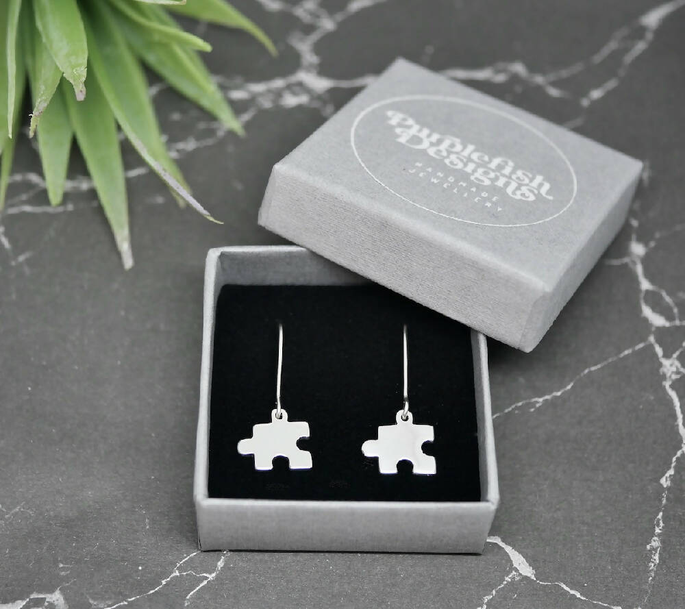 Jigsaw Earrings - Handmade Sterling Silver Puzzle Earrings by Purplefish Designs