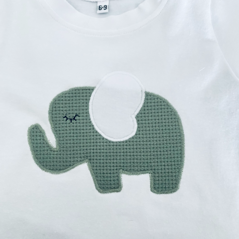 Baby White Long Sleeve with Sage Elephant Applique Design
