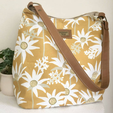 Canvas and Tan Leather Shoulder Bag in Mustard Flannel Flower