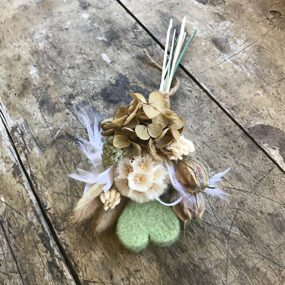 White natural and green posy with felted heart 23cm