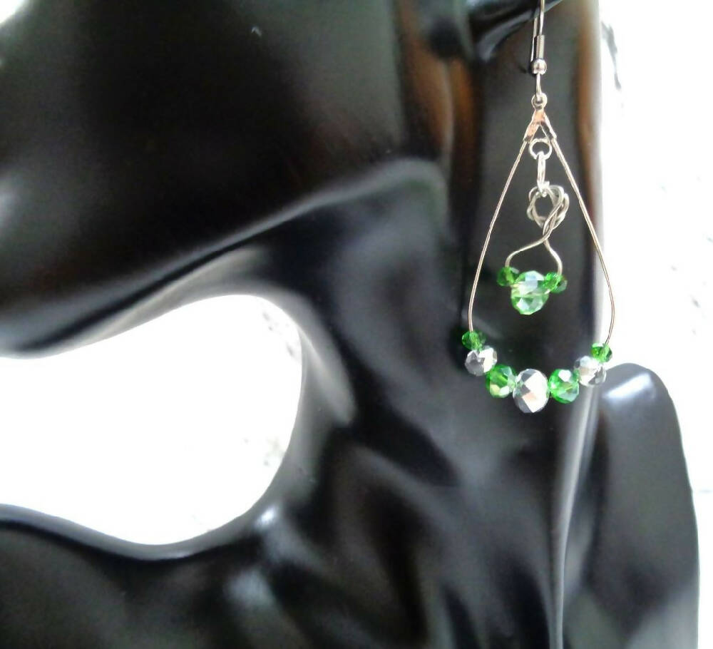 Hoop Earrings - Green and Silver Crystal Beads - Ladies
