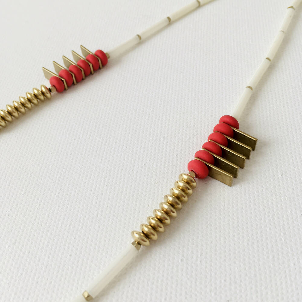 Aztec Inca geometric tribal red, white and gold necklace with vintage tube beads