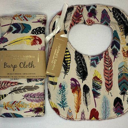 Bib & Burp Cloth Set - Feathers - Multicolour