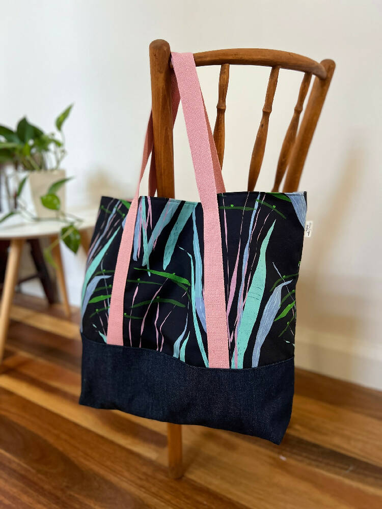 Tote Bag for Shopping/Market/Beach – 'Paper Roots' on Navy Blue + Denim