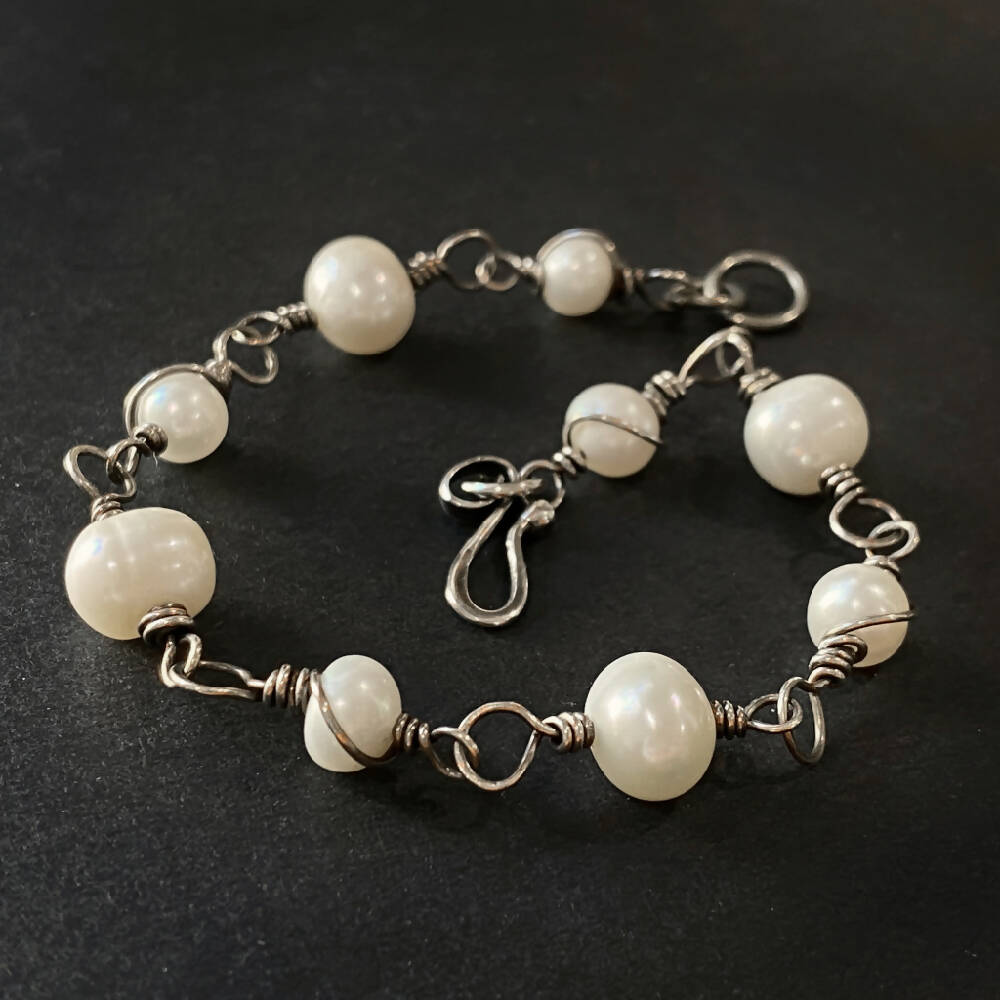 Silver Wire Wrapped White Pearl Bracelet