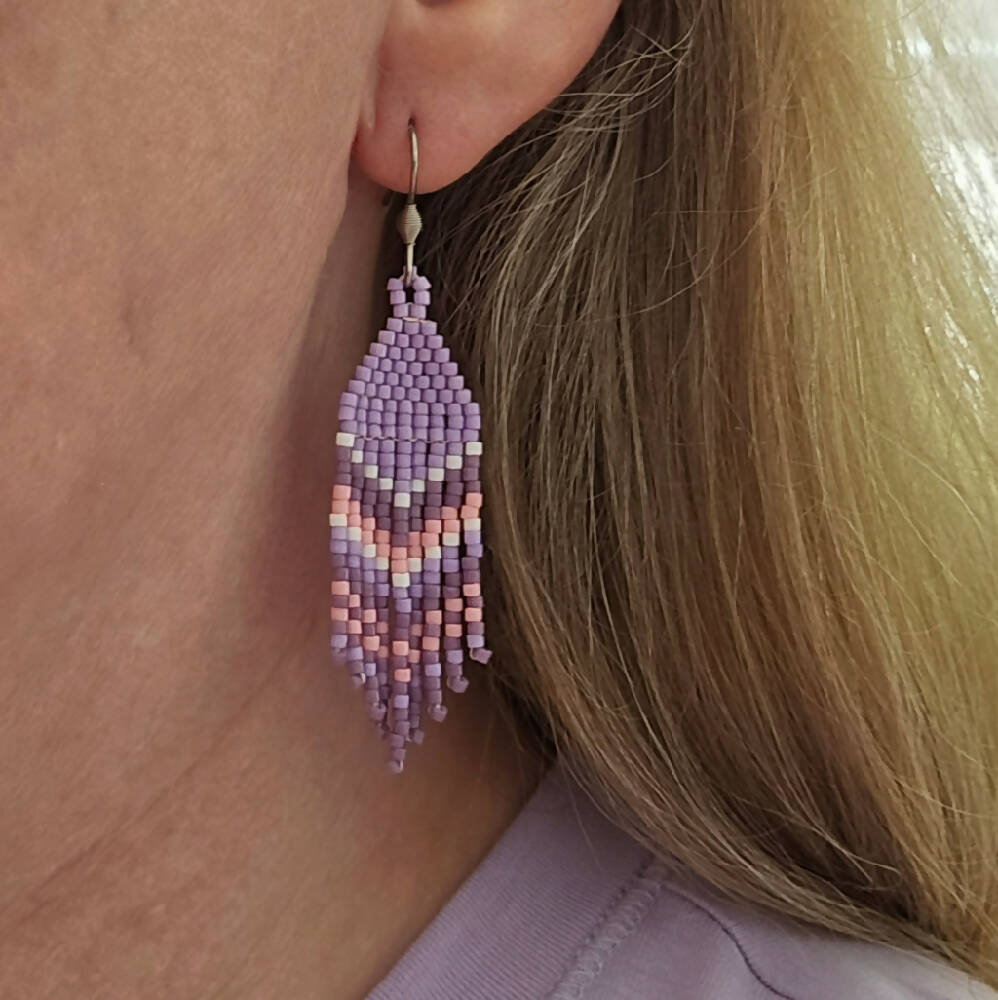 Beaded Earrings Purple Fringe Dangle