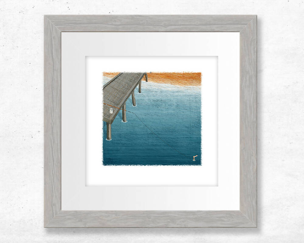 Fishing Abstract Art Print, Blue ocean and Beachside jetty, Modern fishing illustration