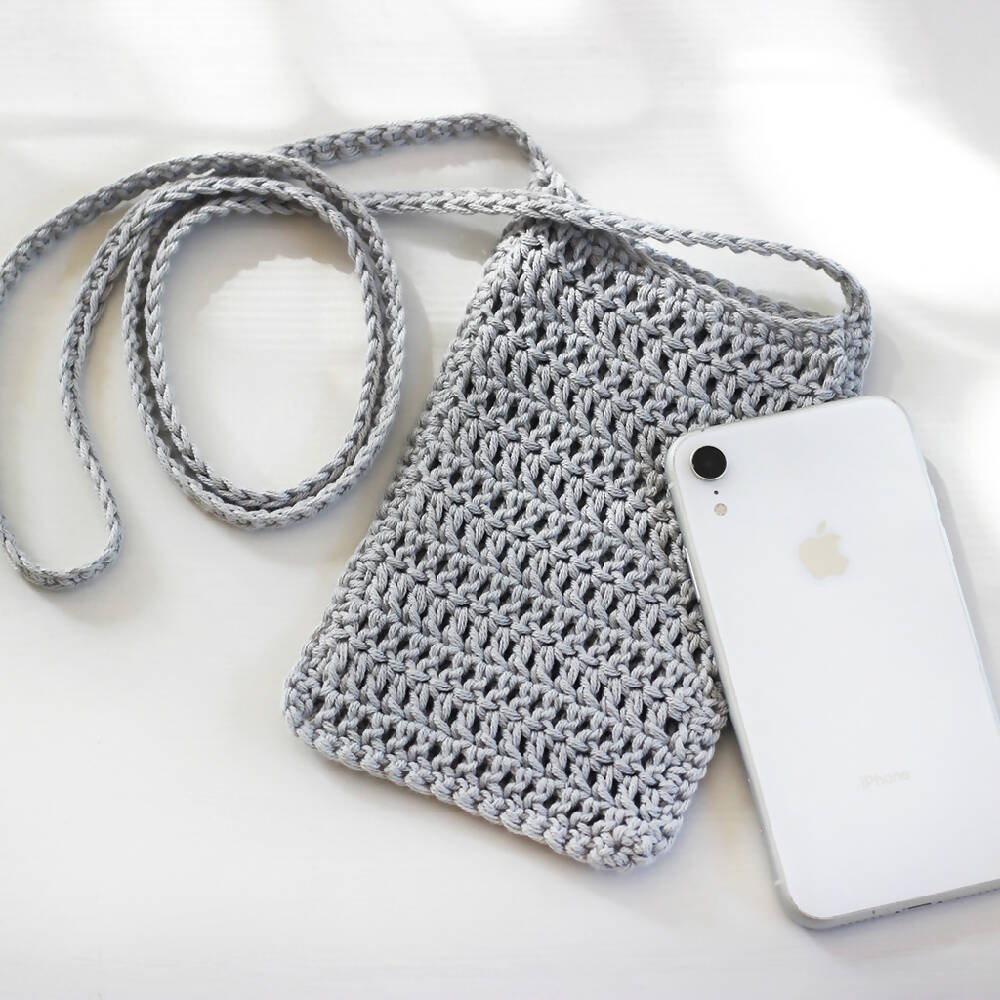 Crochet Shoulder Bag / Mini Tote for Phone and Keys Grey Cotton