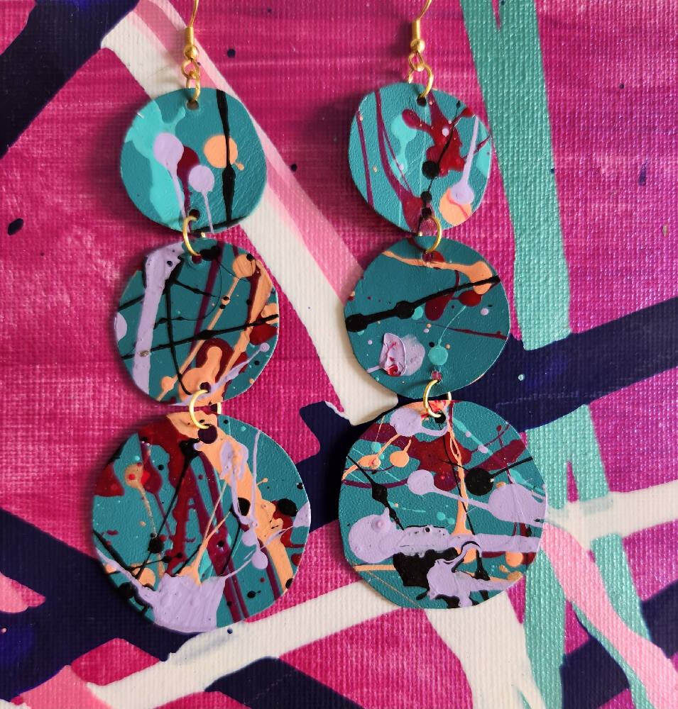 Lightweight splatter teal statement dangle earrings