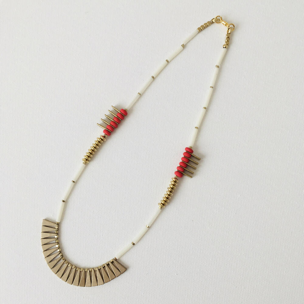 Aztec Inca geometric tribal red, white and gold necklace with vintage tube beads