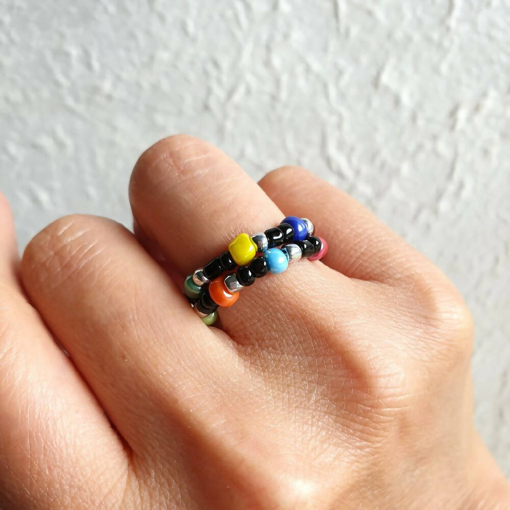 Statement colourful seed bead 2 line memory wire ring , Black & Lustered Opaque