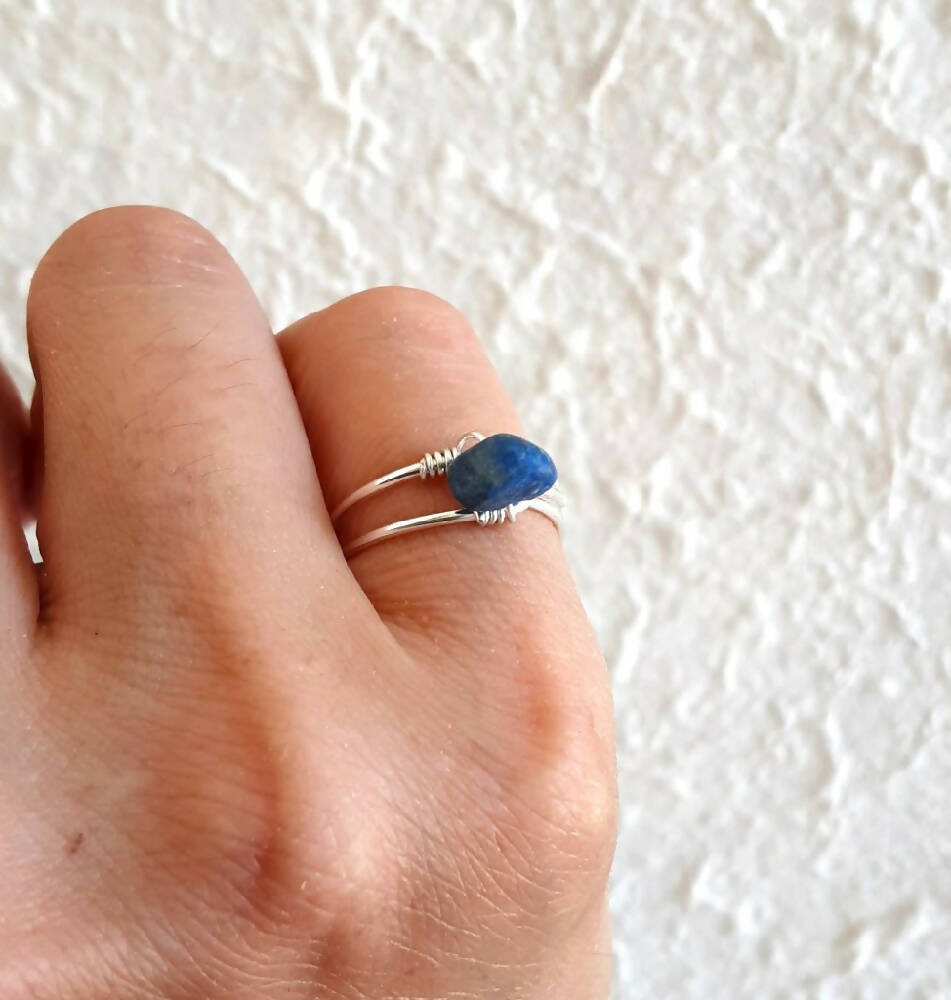 Dainty Natural gemstone loop wire ring , Lapis Lazuli Aquamarine Sodalite