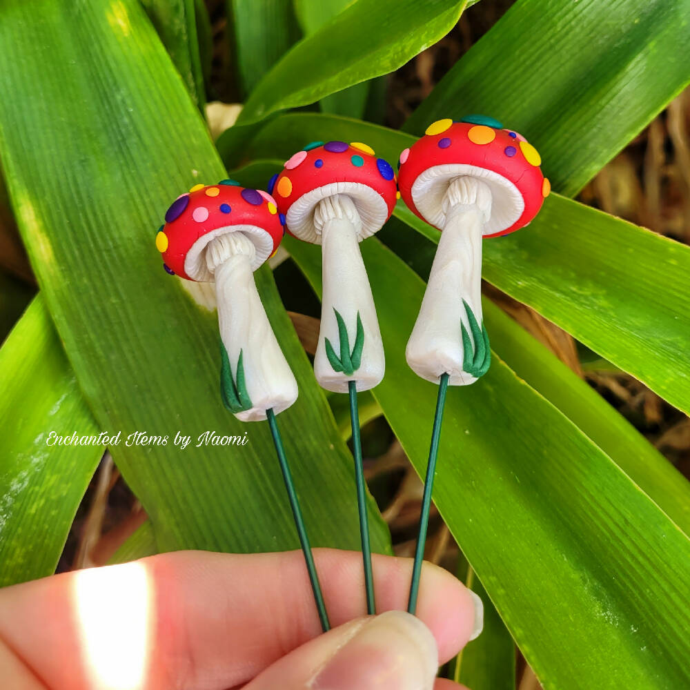 Set of 3 Rainbow spotted Fairy garden Mushrooms