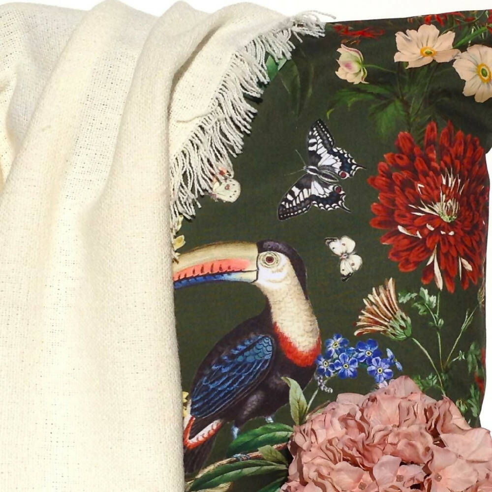 Green floral cushion cover-toucan print
