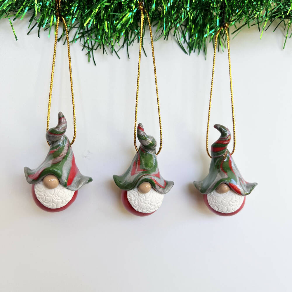 Gnome Christmas baubles trio - red, silver, green (red bottoms)