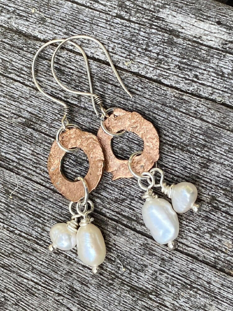 Hammered Copper and Natural Pearl Earrings in Sterling Silver