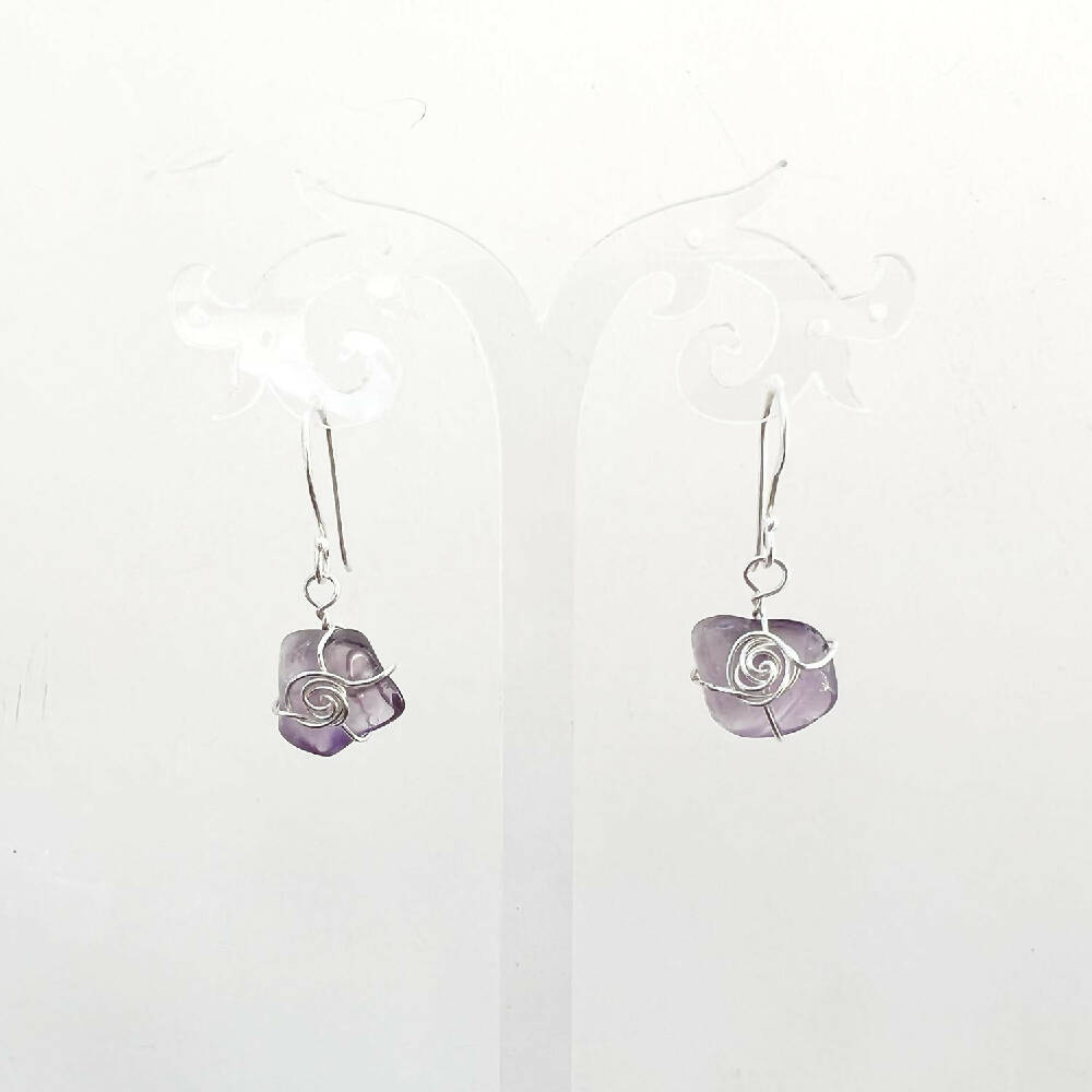 Silver wrapped amethyst dangle earrings