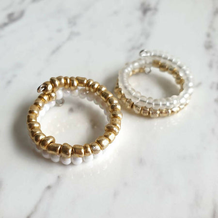 2 lined Gold White / Frost seed beads memory wire ring