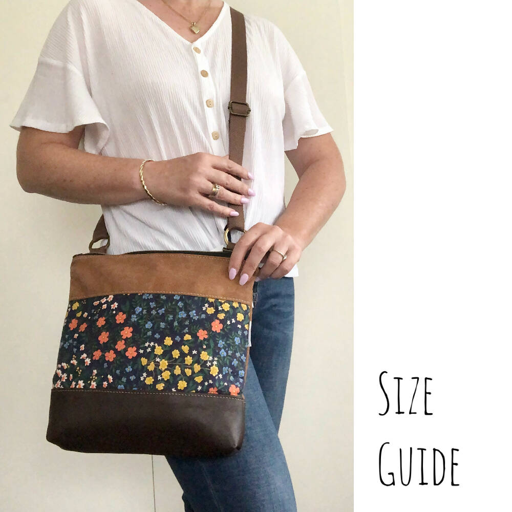 Tan Canvas and Genuine Leather Crossbody Bag with Blue Abstract