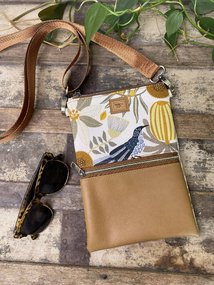 Mini & Small Crossbody Bag - Wattle Bird & Banksia/Tan Faux Leather