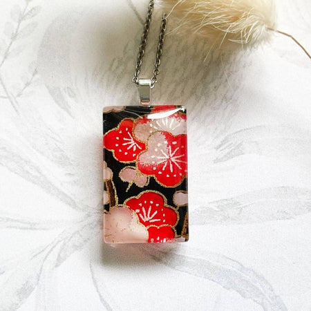 Red Cherry Blossom Flower Necklace • Japanese Paper, Resin and Glass Pendant