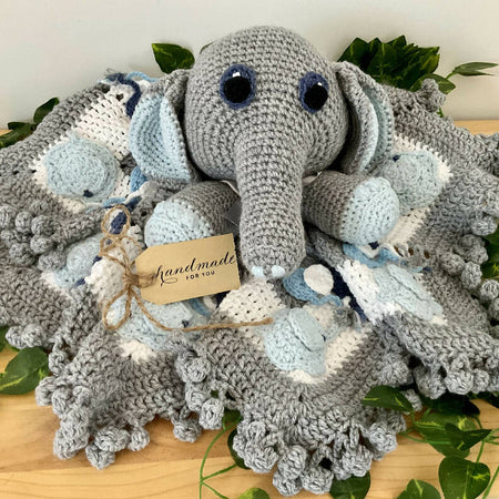 Elephant Baby Comforter Blanket, Handmade Crotchet Lovey Blanket