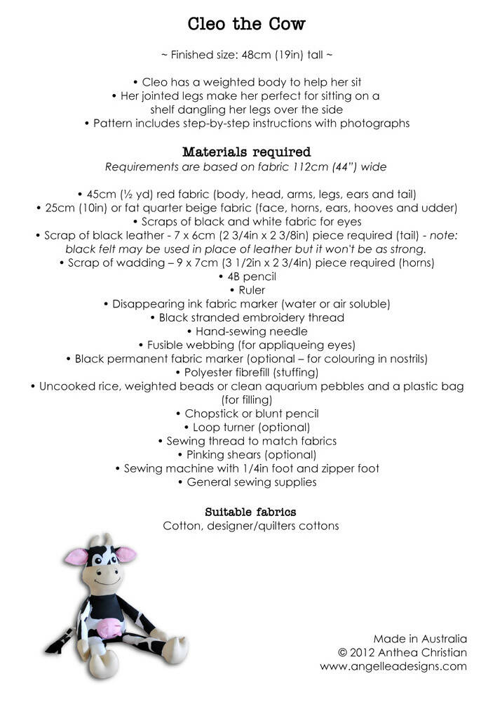 Cow Pattern HARD COPY Paper Sewing Pattern Cleo the Cow
