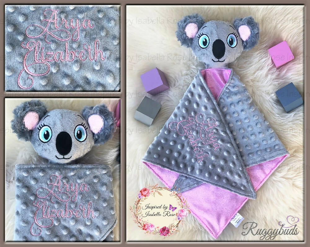 Baby comforter, Embroidered name, Koala themed Ruggybud, Made to order