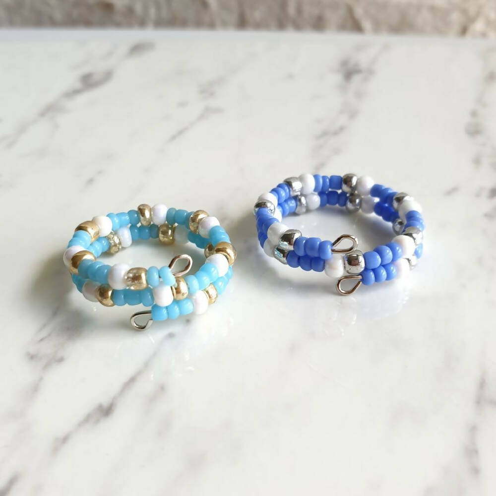 Dainty 2 lined Aqua blue seed beads memory wire ring