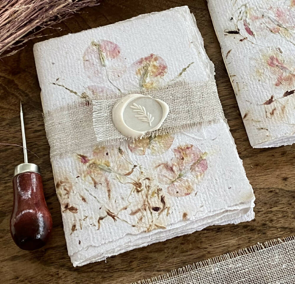Floral Handmade Paper Notebook - with the Linen wax seal bookmark.
